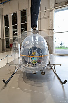 Front view of military helicopter in exhibition at Italian Airforce Museum