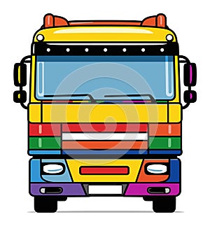 Front view of colorful cartoon school bus with bright stripes. Kids transport, educational vehicle vector illustration