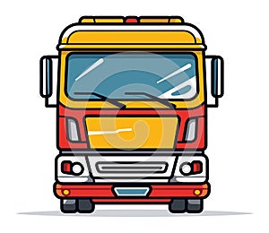 Front view of a colorful cartoon-style truck. Bright red and yellow lorry, simplified design. Transport vehicle vector
