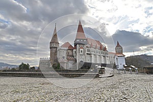 Front view of the Corvini Castle from Hunedoara, Romania.