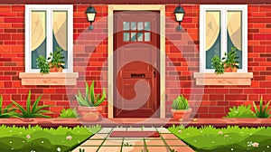 Front view of cottage house facade, exterior of red brick home building with a welcome rug at the door, potted plants