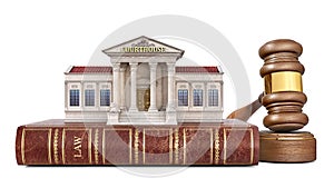 Front view on a courhouse building standing on a book of law with judge gavel near