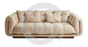 Front view of cozy, beige sofa with plush cushions, isolated on white background. Cut out living room furniture