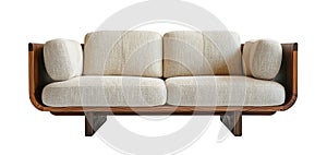 Front view of cozy, beige sofa with wooden frame, isolated on white background. Cut out living room furniture