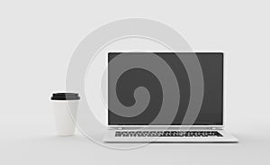 Front view of cup and laptop on table in office. Isolated. 3D illustration.