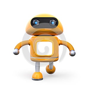 Front view of cute orange robot isolated on white background