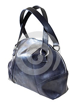 Front view of dark blue leather handbag isolated