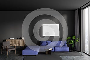 Front view on dark living room interior with empty poster