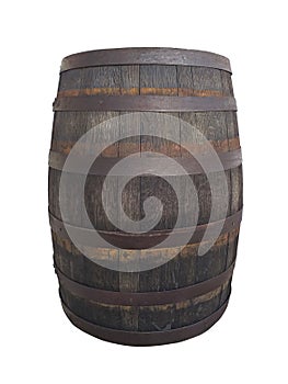 Front view of Dark wooden rum barrel on white background. A traditional wooden vat for storing alcoholic beverages