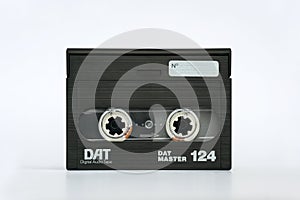 Front view of DAT Master 124 digital audio cassette tape isolated on white background