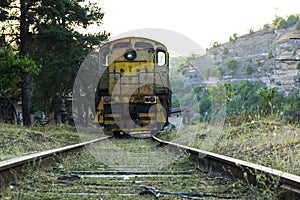 Front view of the Diesel locomotive on the railroad