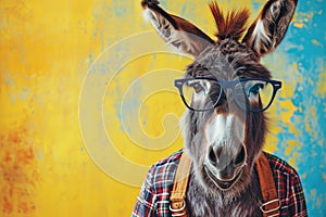 Front view of a donkey wearing glasses, on yellow background.