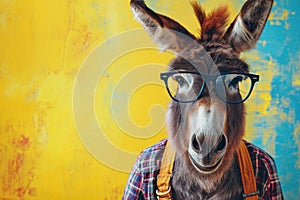 Front view of a donkey wearing glasses, on yellow background.