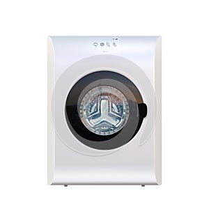 Front view of drum washing machine with touch panel isolated on white background