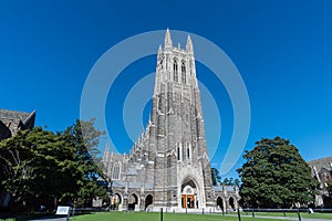 Front view of the Duke Chapel tower in early fall
