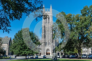 Front view of the Duke Chapel tower in early fall