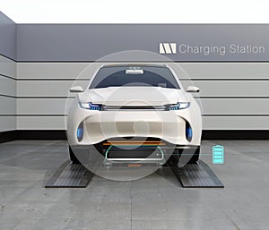 Front view of electric SUV car exchange low battery in battery swapping station