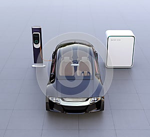 Front view of electric vehicle, charging station and battery unit