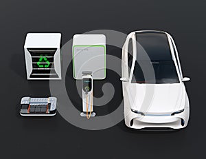 Front view of Electric vehicle, Charging station, EV battery and reused EV batteries power supply system on black background