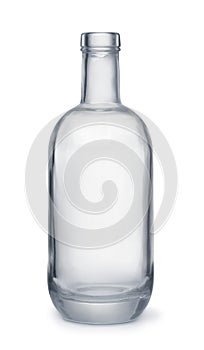 Front view of empty alcohol clear glass bottle