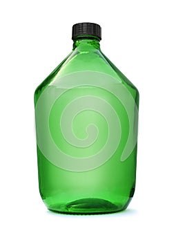 Front view of empty big green glass bottle