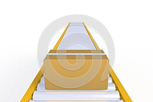 Front view empty cardboard box on yellow conveyor line isolated on a white background, Delivery concept