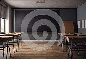 front view empty classroom with blank black board copy space