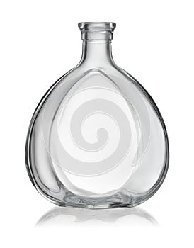 Front view of empty clear glass alcohol bottle