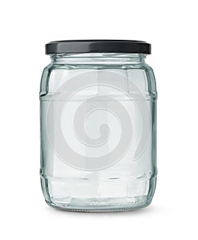 Front view of empty glass jar with black metal cap