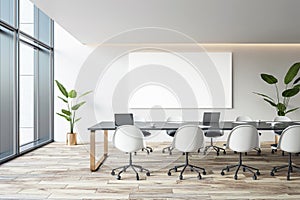 Front view of empty modern conference room with office table and chairs, blank white poster, wooden floor and white walls. 3D