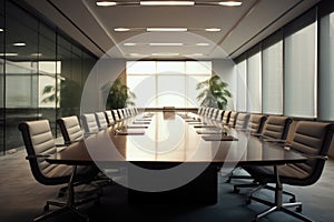Front view of empty modern conference room with office table and chairs