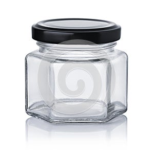 Front view of empty small glass jar