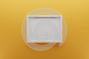 Front view of empty white picture frame on wall, background light orange, minimal design concept, 3D render
