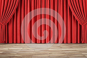 Front view on empty wooden floor with place for your product presentation on red backstage curtain background. 3D rendering,