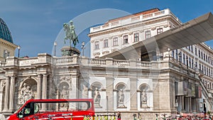 Front view of equestrian statue of Archduke Albert in front of the Albertina Museum timelapse hyperlapse in Vienna