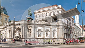 Front view of equestrian statue of Archduke Albert in front of the Albertina Museum timelapse hyperlapse in Vienna