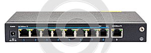Front view of ethernet switch with 8 PoE support ports isolated on white background photo
