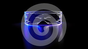 Front view of eyeware goggles colorful neon light, futuristic digital innovation concept, glow in dark background, cyber device,