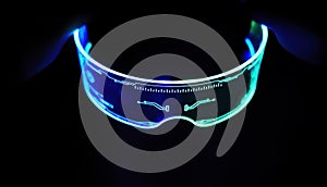 Front view of eyeware goggles colorful neon light, futuristic digital innovation concept, glow in dark background, cyber device,
