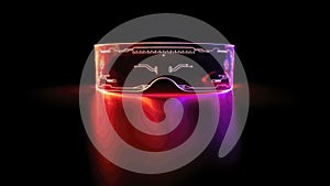 Front view of eyeware goggles colorful neon light, futuristic digital innovation concept, glow in dark background, cyber device,