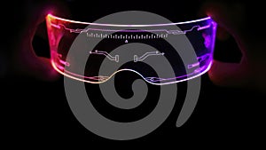 Front view of eyeware goggles colorful neon light, futuristic digital innovation concept, glow in dark background, cyber device,