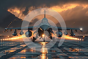 Front view of an F-16 fighter landing and taxiing on an aircraft carrier runway. Stormy evening sky and coastline