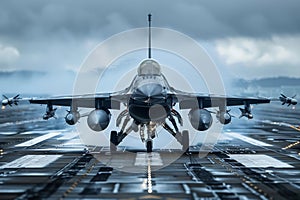 Front view of an F-16 fighter landing and taxiing on an airfield runway. Gloomy evening sky in the background.