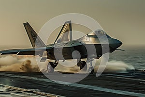 Front view of an F-22 Raptor fighter jet accelerating during takeoff on an aircraft carrier runway. The aircraft is sent