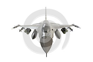 Front view of F16, american military fighter plane on white background