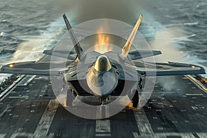 Front view of an F-22 Raptor fighter jet accelerating during takeoff on an aircraft carrier runway. The aircraft is sent