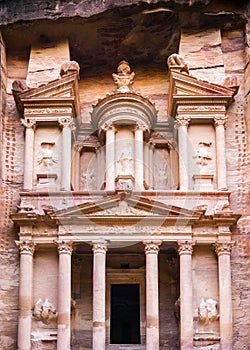 Front view of facade of Al-Khazneh temple - The Treasury - in Ar