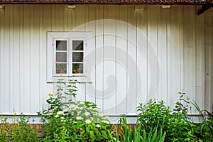 Front view of the facade of the old house. White painted boards. A small window and a beautiful little garden