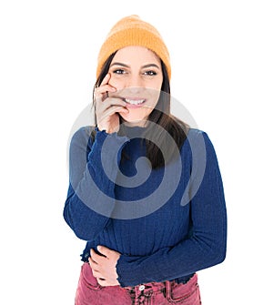 Front view face and shoulders of beautiful young woman. Close up happy young smiling girl, isolated on white background. Lovely