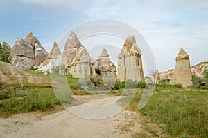 front view of famous fairy chimneys in valley,